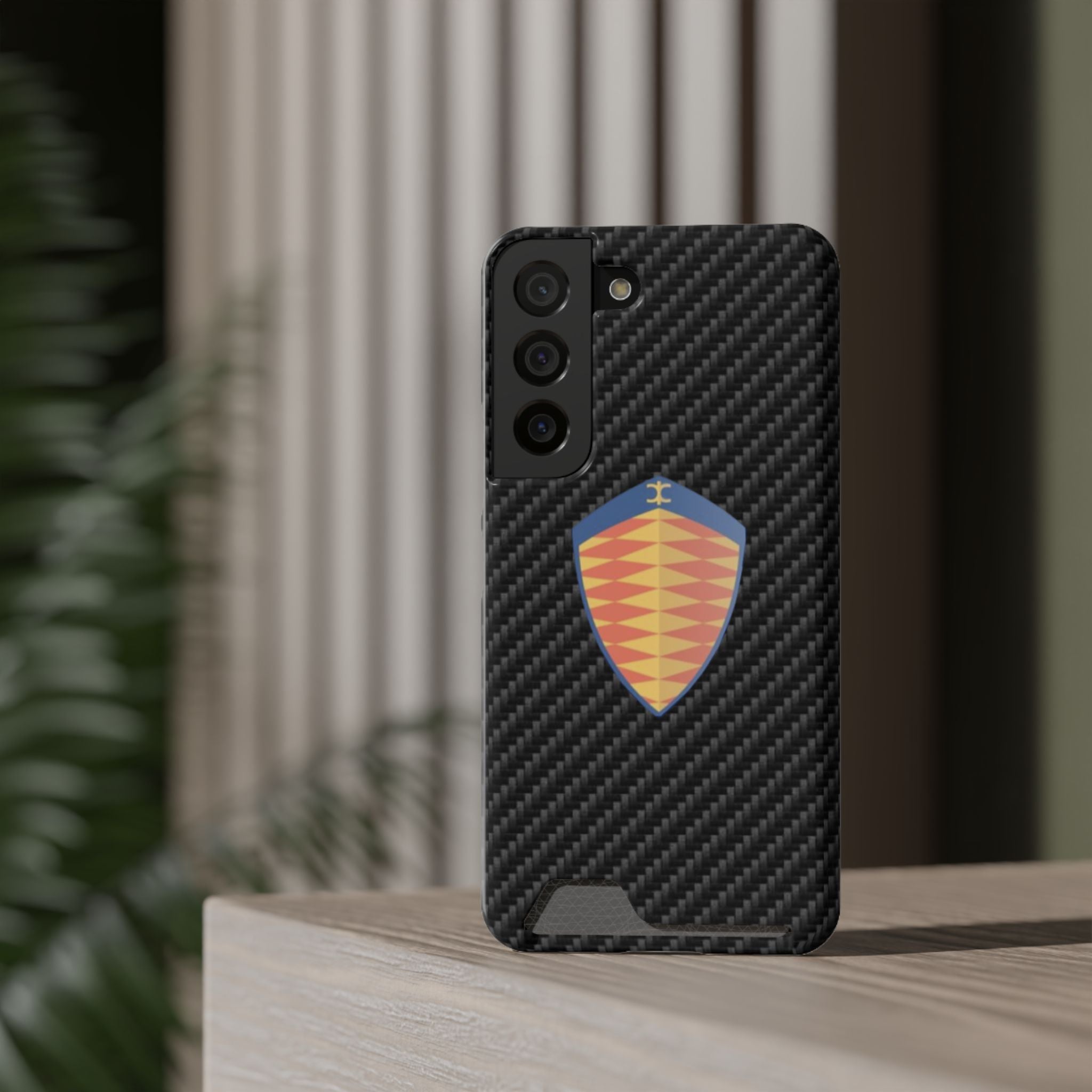 Carbon Fiber Card Holder Phone Case — Geometric Shield Design